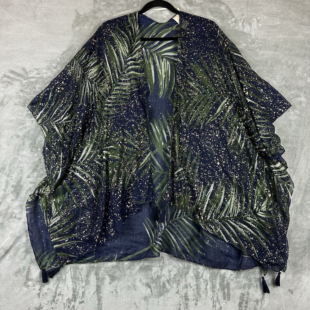 Simply Noelle Open Front Cardigan Women's OS Blue Green Gold Leaf Print